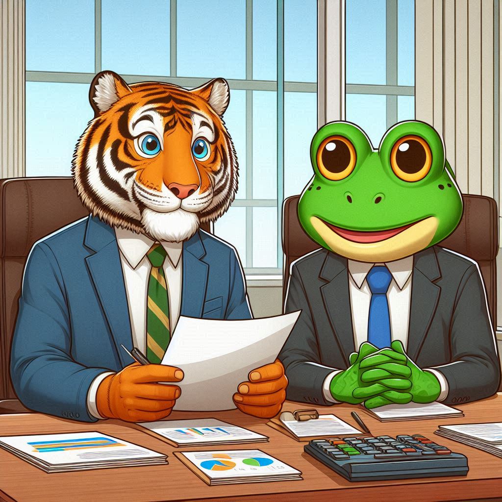 tiger and a frog in the boardroom